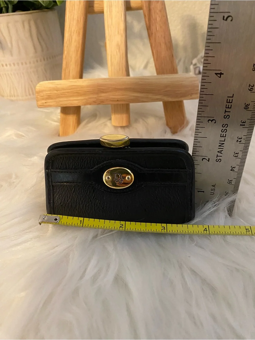 Dior Black Leather Coin Purse with Gold-Tone Logo Vintage beauty!